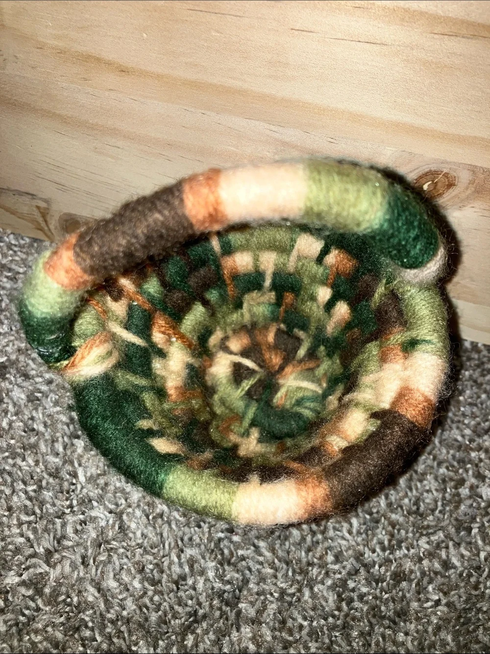 Hand Crafted Green, Brown & Cream Woven Yarn Accent Basket with Handle